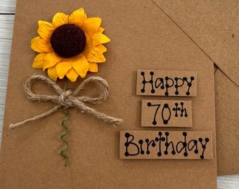 70th Birthday Card Personalised Name Sunflower 30th 40th 50th 60th 80th 90th 100th  Handmade Rustic