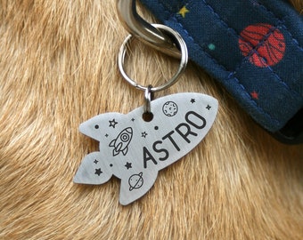 Rocket dog tag, space custom two sides tag, identity dog space, Dog Collar, Star Space theme, rocket pet id tag, laika, sputnik, pluton