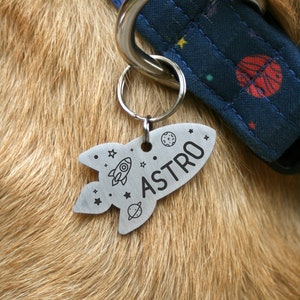 Rocket dog tag, space custom two sides tag, identity dog space, Dog Collar, Star Space theme, rocket pet id tag, laika, sputnik, pluton