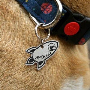 Rocket dog tag, space custom two sides tag, identity dog space, Dog Collar, Star Space theme, rocket pet id tag, laika, sputnik, pluton