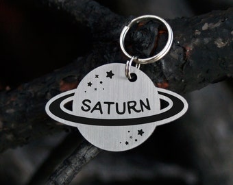 Engraved Saturn Planet Pet ID Tag - Stainless Steel Space Dog Tag