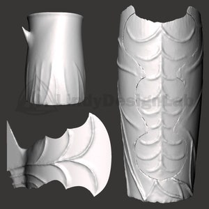 Peut inclure: Trois pièces blanches d'un objet décoratif imprimé en 3D. Les pièces sont un vase cylindrique haut avec une surface texturée, une pièce incurvée en forme d'aile et une pièce cylindrique longue avec une surface texturée.