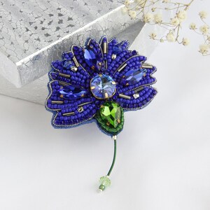 Cornflower Embroidered Brooch – Handmade Beaded Flower Pin – Blue and Green Crystal Jewelry