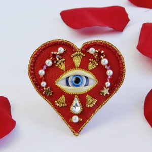 Handmade Heart brooch Protection Evil Eye pin Red leather | Third Eye  jewelry