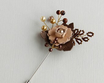 Épingle d'amant de fleur en cuir, épingle à chapeau faite main, broche fleur perlée Épinglette de boutonnière de mariage