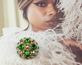 Green crystal bead brooch, Handmade embroidered brooch rhinestone, Stunning beaded brooch Gift for Her