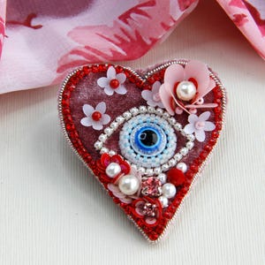 Fabric brooch Heart protection Evil Eye velvet pin | Pink & Red Handmade Third Eye jewelry