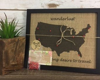 Mapa de viaje de Estados Unidos enmarcado con chinchetas Wanderlust de arpillera de 8 x 10 pulgadas, mapa del mundo, chinchetas, tablero de corcho, viajes, San Valentín, boda