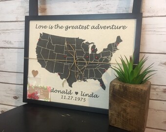 Mapa de viaje de Estados Unidos, mapa mundial, tablero de corcho, enmarcado en lienzo de algodón de 28 x 35 cm (11 x 14 pulgadas), con chinchetas. Ideal para aniversarios, Navidad, vacaciones y bodas.