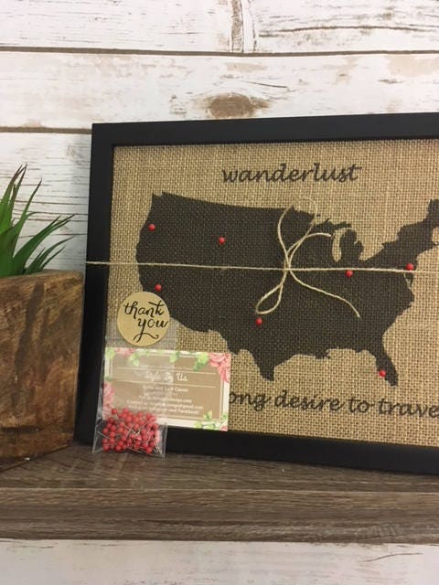 8x10" Framed Burlap Wanderlust Push Pin Travel Map of the United States ...