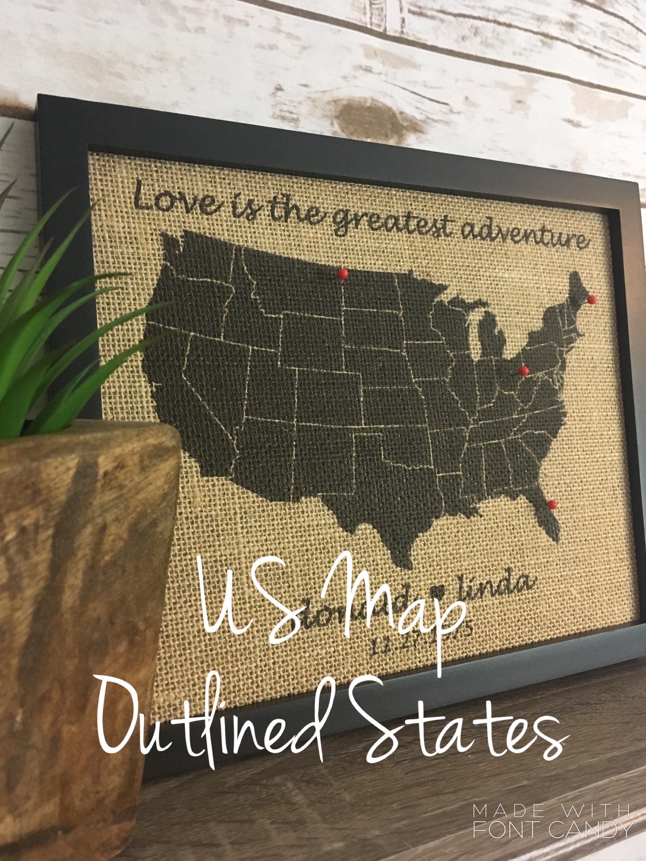 8x10" Framed Burlap Push Pin Travel Map of United States, World Map, US ...