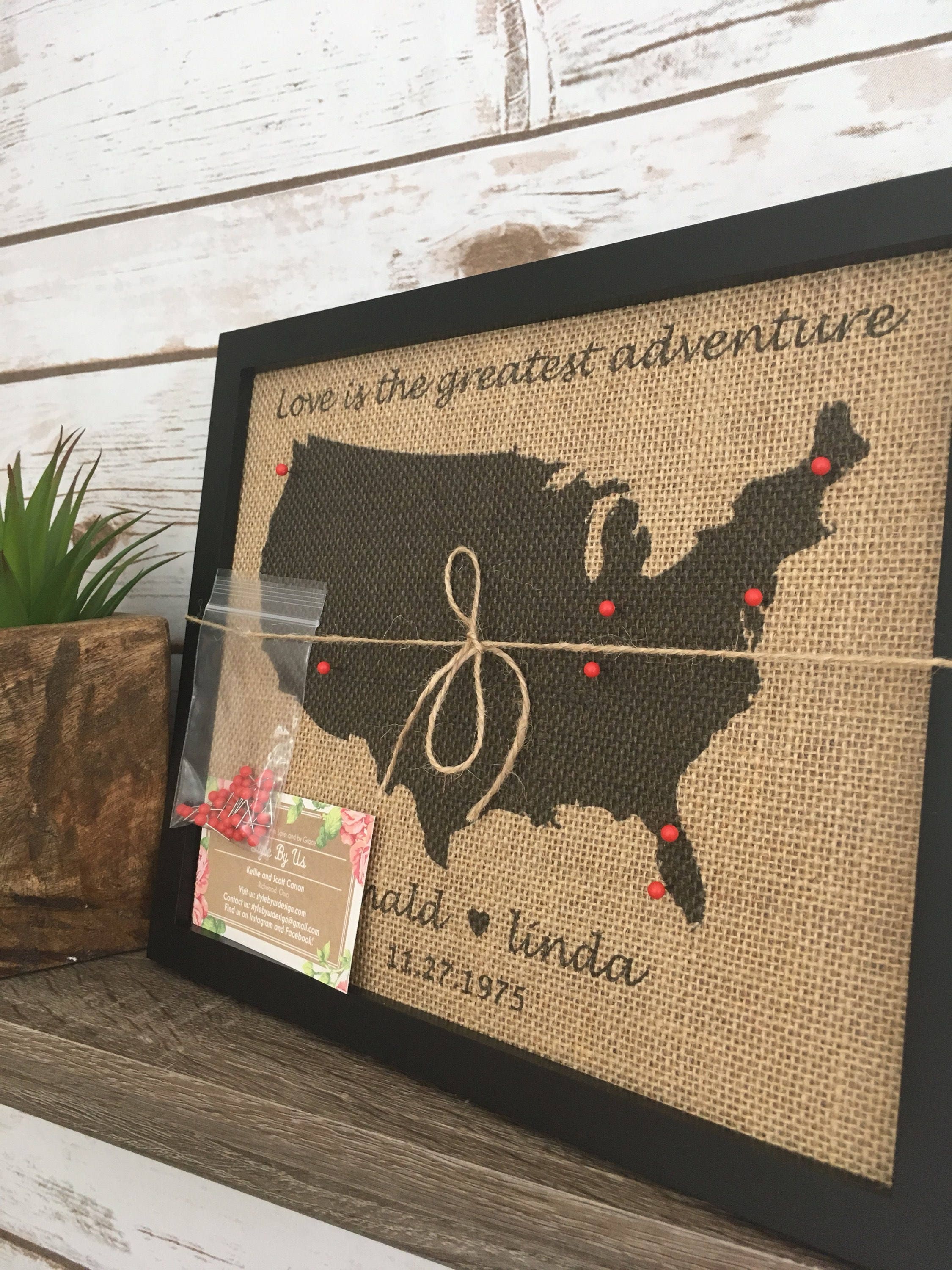 8x10" Framed Burlap Push Pin Travel Map of United States, World Map, US ...