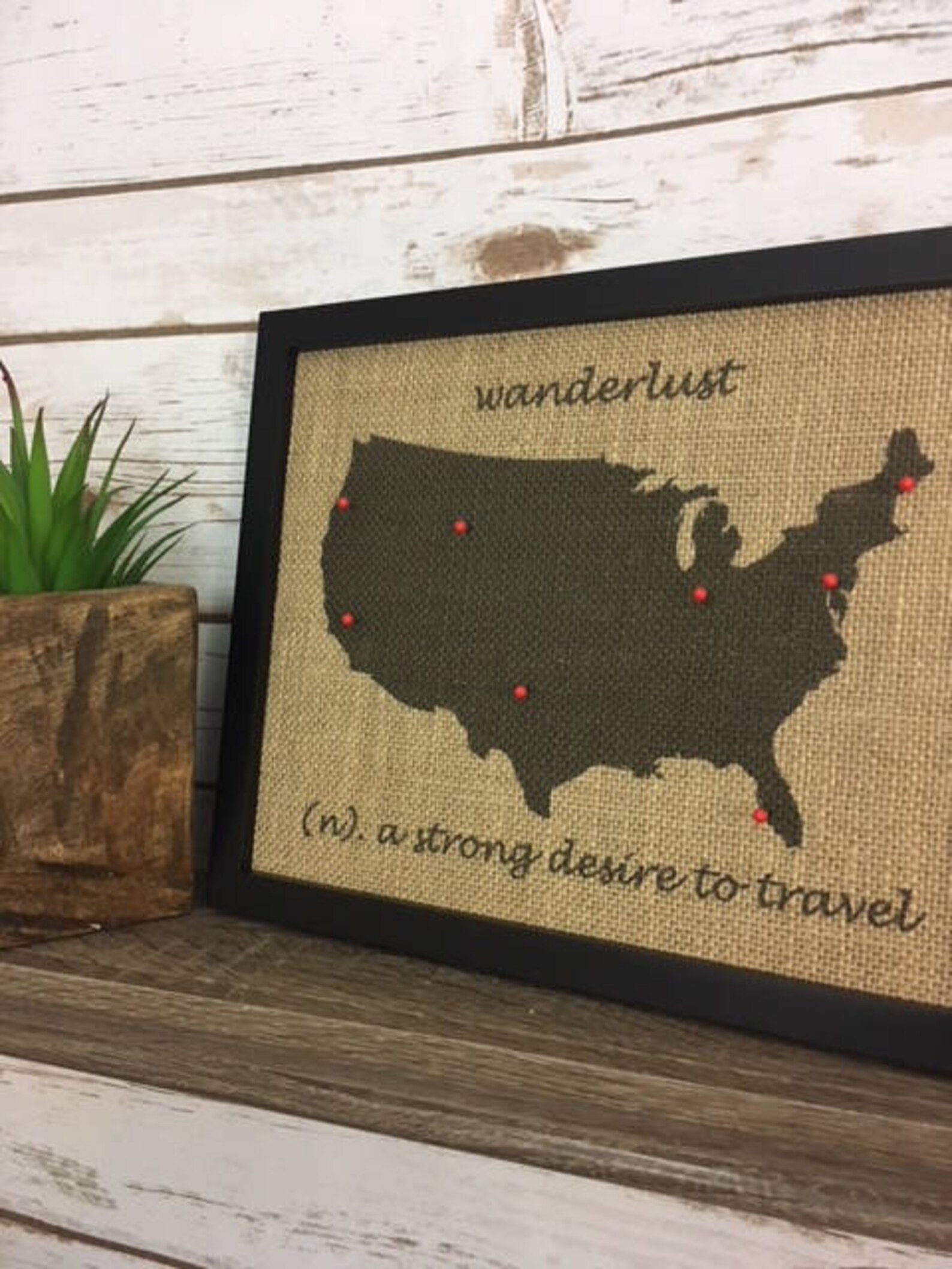 8x10" Framed Burlap Wanderlust Push Pin Travel Map of the United States ...