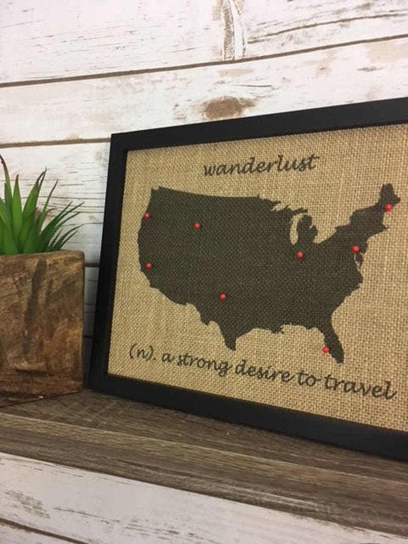 8x10" Framed Burlap Wanderlust Push Pin Travel Map of the United States ...