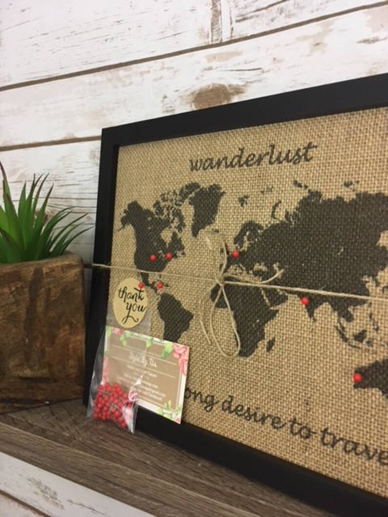 8x10" Framed Burlap Wanderlust Push Pin Travel World Map, United States ...