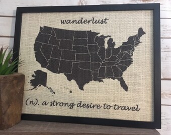 Mapa de viaje de Estados Unidos con chinchetas enmarcado en arpillera color crema de 11 x 14 pulgadas, Wanderlust, mapa de Estados Unidos con chinchetas, tablero de corcho, viajes, día de San Valentín, bodas