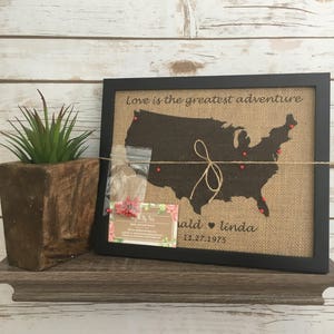20 x 10 po. encadrée carte de voyage avec punaises en toile de jute des États-Unis, carte du monde, carte des États-Unis avec punaises, panneau de liège, anniversaire, mariage