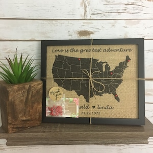 11x14" Framed Burlap Push Pin Travel Map Outline of United States, US Push Pin Map, Cork Board, Anniversary, Wedding