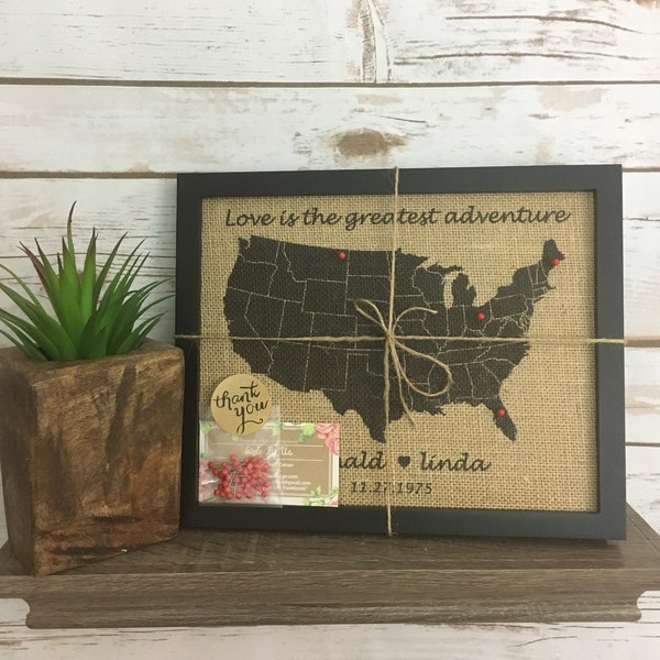 8x10" Framed Burlap Push Pin Travel Map Outline of United States, US Push Pin Map, Cork Board Map, Anniversary, Wedding