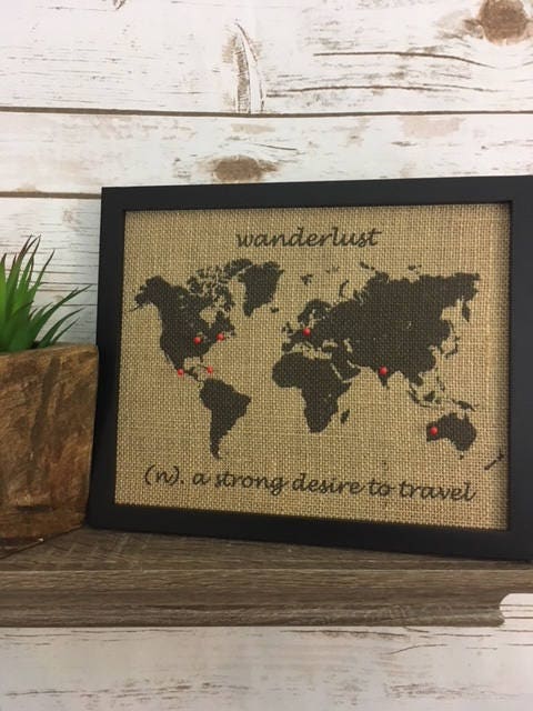 8x10" Framed Burlap Wanderlust Push Pin Travel World Map, United States ...
