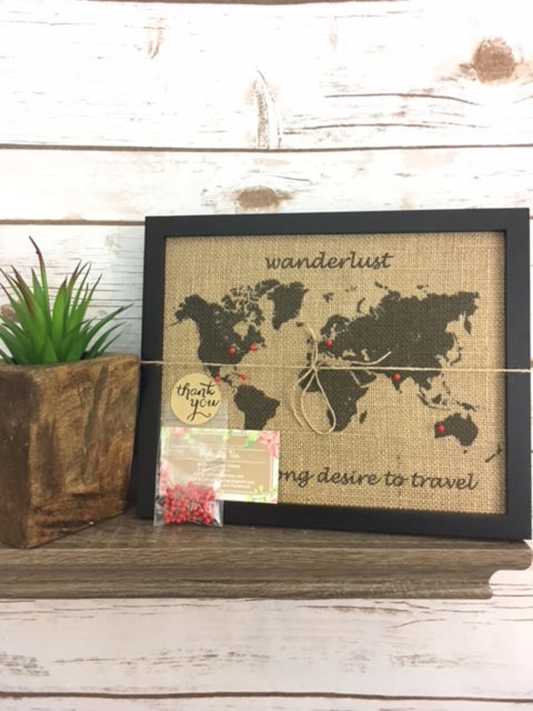 8x10" Framed Burlap Wanderlust Push Pin Travel World Map, United States ...