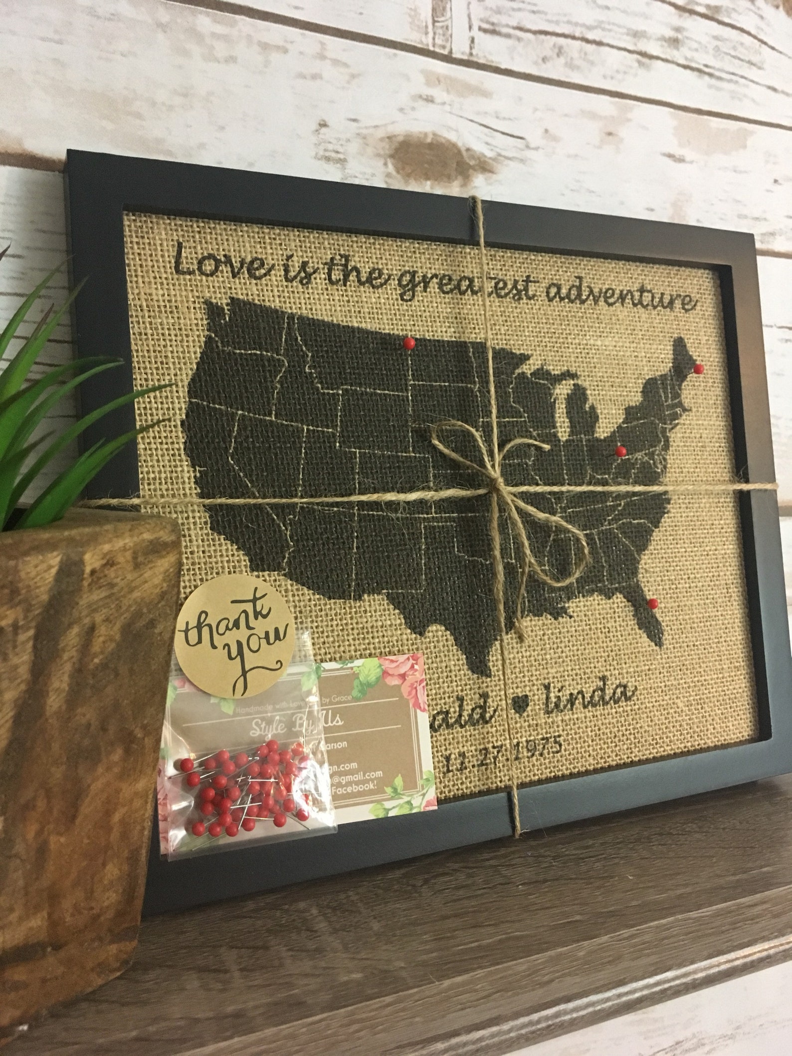8x10" Framed Burlap Push Pin Travel Map Outline of United States, US ...