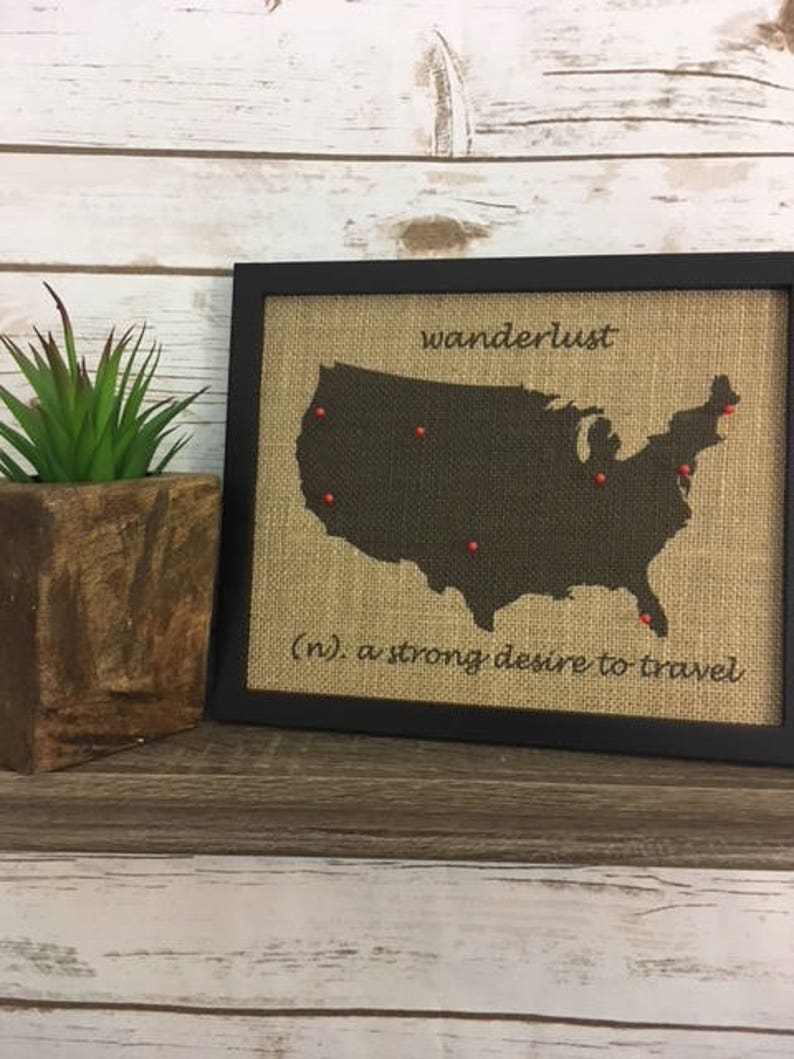 11x14" Framed Burlap Wanderlust Push Pin Travel World Map, US Push Pin ...