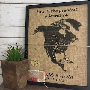 Mapa de viaje de América del Norte, EE. UU., México, Canadá, enmarcado con chinchetas, de 11 x 14 pulgadas, con chinchetas, tablero de corcho, día de la madre, feriado, aniversario