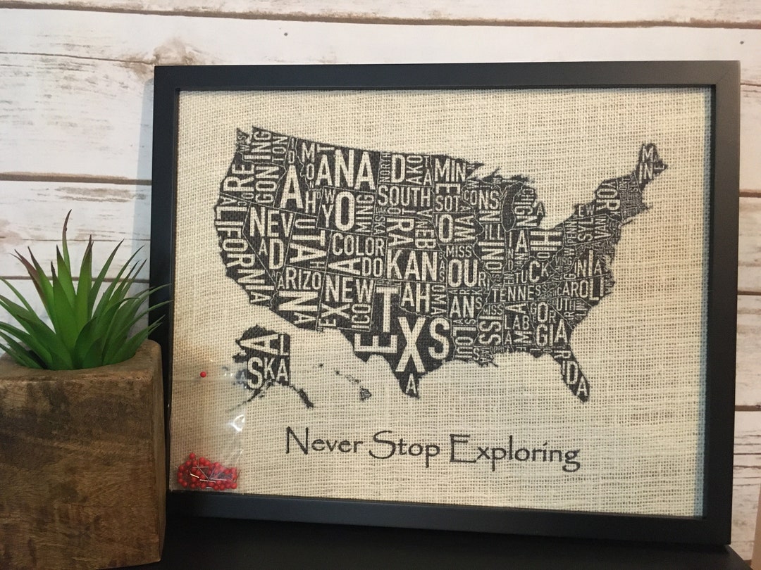 11x14" Framed Cream Burlap Push Pin Travel Map With State Names, US ...