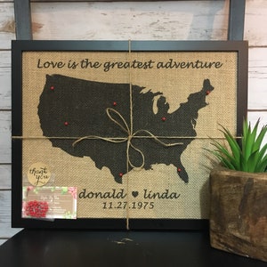 11x14" Framed Burlap Push Pin Travel Map of United States, World Map, US Push Pin Map, Cork Board, Anniversary, Valentine's Day, Wedding