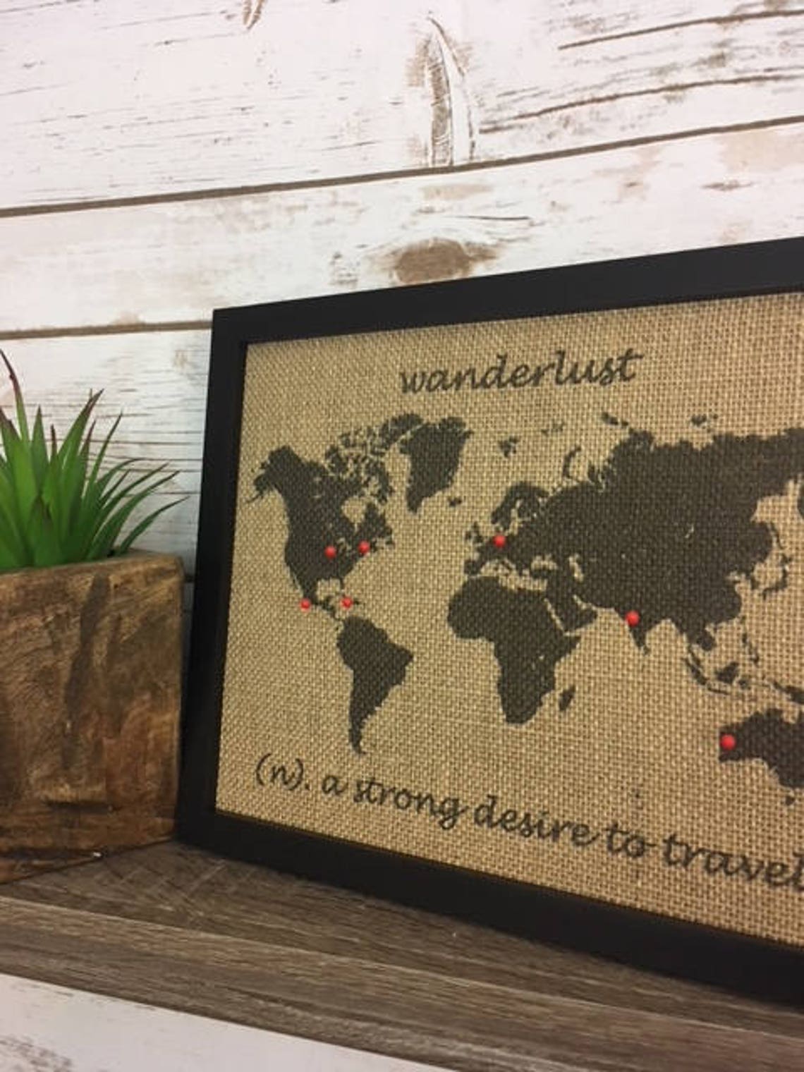 8x10" Framed Burlap Wanderlust Push Pin Travel World Map, United States ...