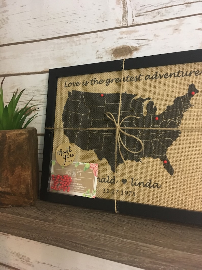 8x10" Framed Burlap Push Pin Travel Map Outline of United States, US ...