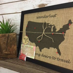 8x10" Framed Burlap Wanderlust Push Pin Travel Map of the United States ...