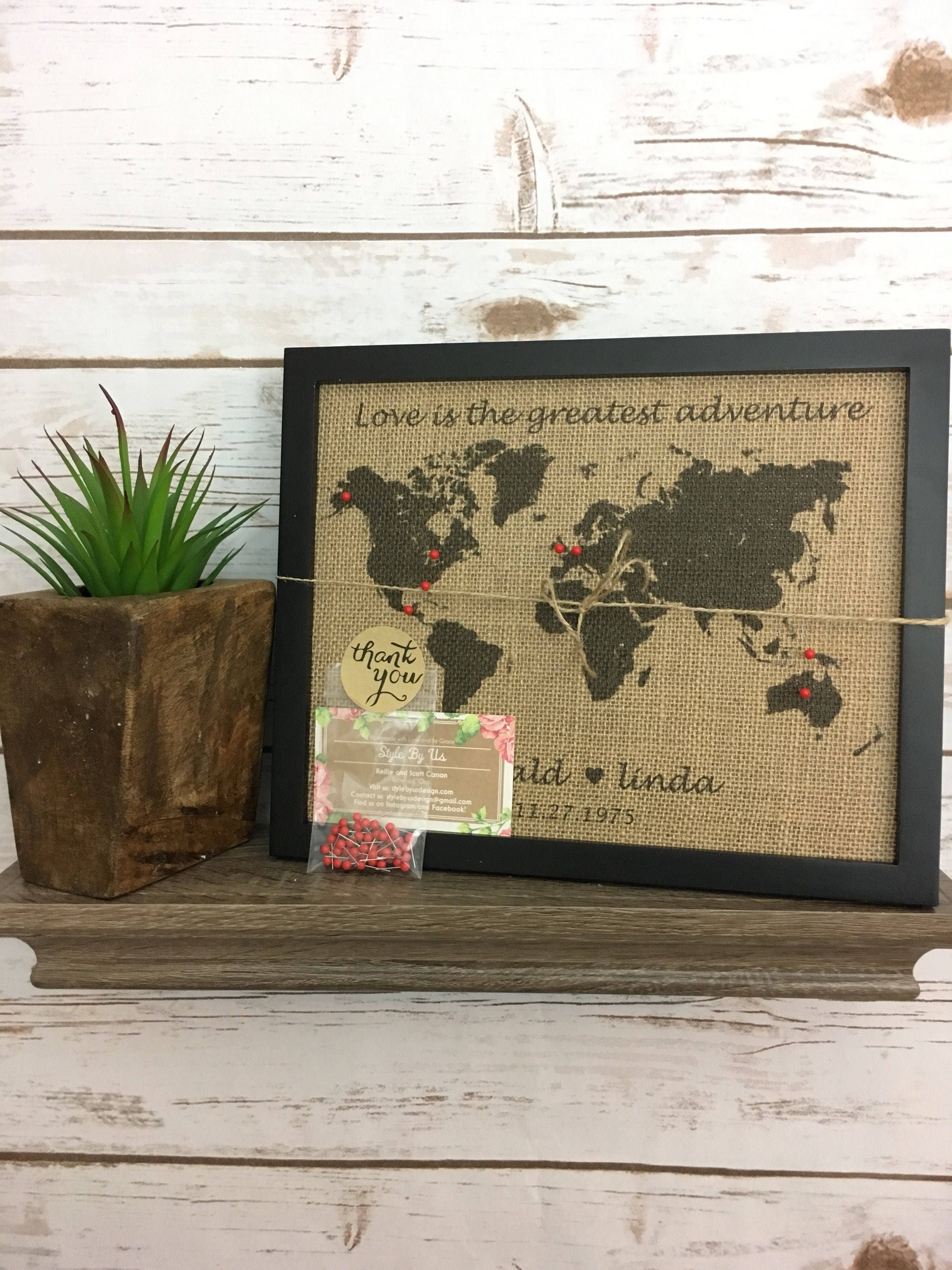 8x10" Framed Burlap Push Pin Travel Map of United States, World Map, US ...
