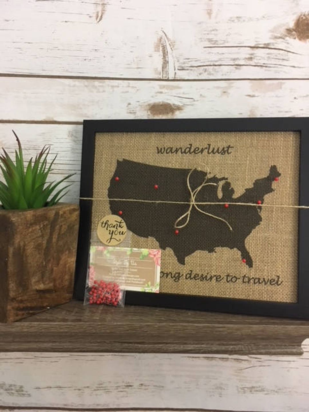 8x10" Framed Burlap Wanderlust Push Pin Travel Map of the United States ...