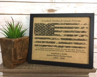Regalo conmemorativo militar enmarcado de arpillera de 11 x 14 pulgadas, bandera estadounidense, servicios armados de los Estados Unidos, militar retirado, servicio activo, monumento