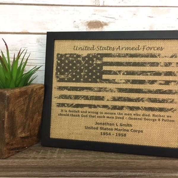 11X14" Framed Burlap Military Memorial Gift, American Flag, United States Armed Services, Retired Military, Active Duty, Memorial