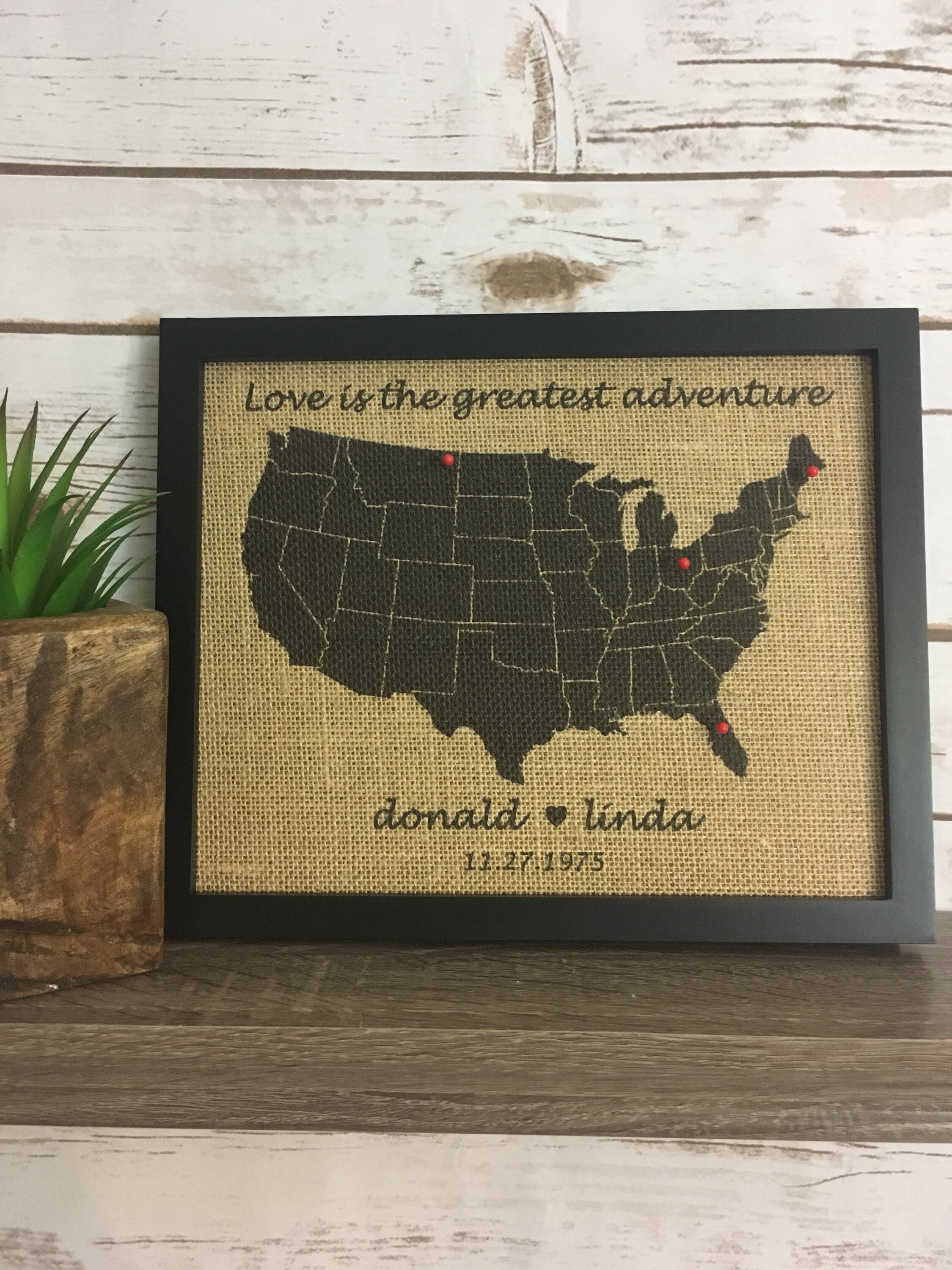 11x14" Framed Burlap Push Pin Travel Map Outline of United States, US ...
