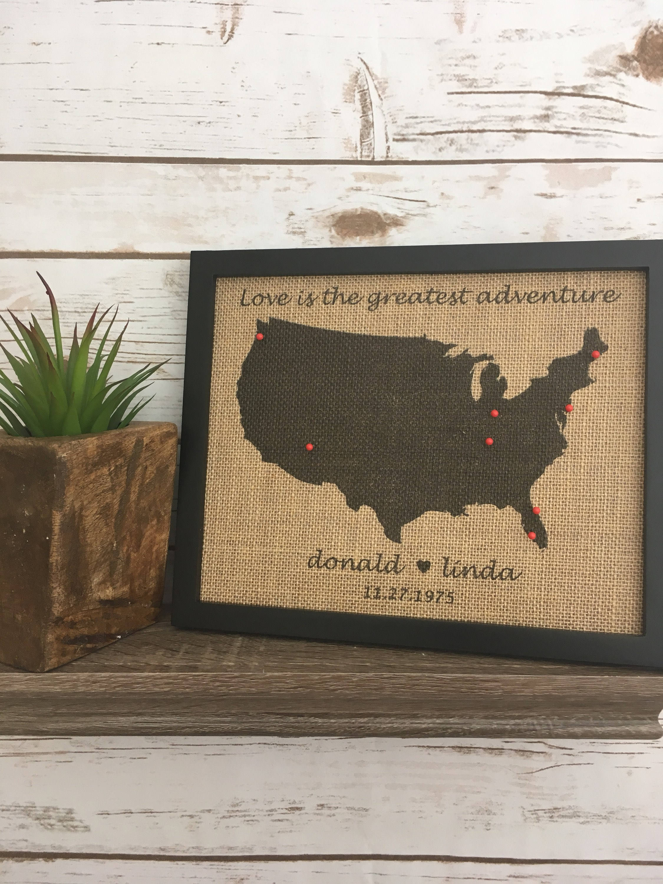 8x10" Framed Burlap Push Pin Travel Map of United States, World Map, US ...