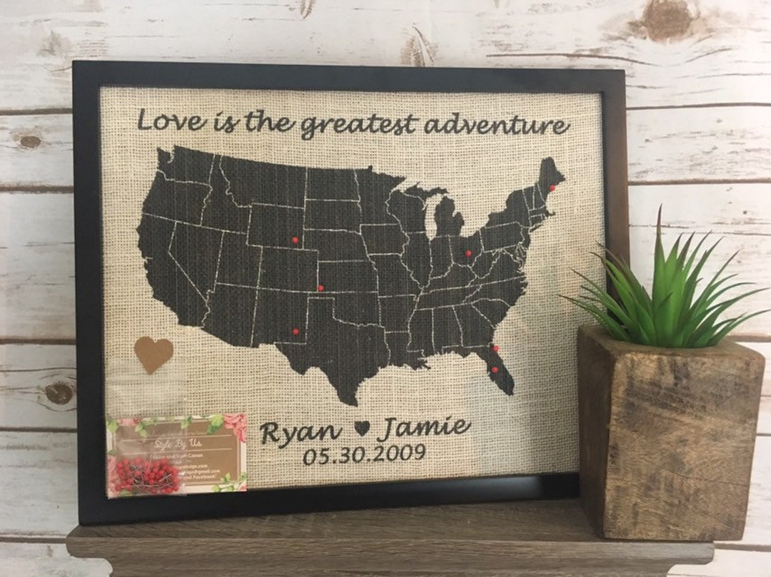 11x14" Framed Cream Burlap Push Pin Travel Map Outline of United States ...
