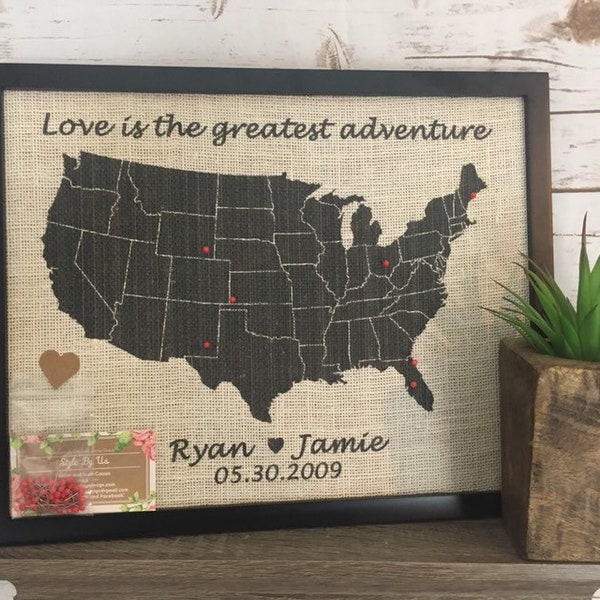 11x14" Framed Cream Burlap Push Pin Travel Map Outline of United States, US Push Pin Map, Cork Board, Anniversary, Valentine's Day, Wedding