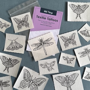 Textile Tattoos - Stick and Stitch Hand Embroidery Designs - Wash Away - Insects - Gardening - Ocean - peel and stick transfers