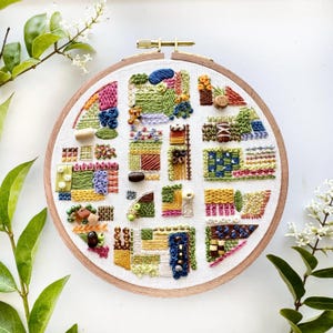 May include: A colorful, hand-stitched embroidery hoop art piece. The design features a patchwork of textured, abstract shapes in various colors, including green, blue, yellow, and pink. The embroidery is set in a wooden hoop, creating a unique wall hanging.