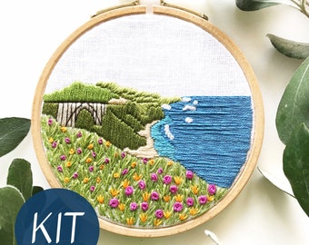 Embroidery Kit, Big Sur Beginner Landscape Embroidery Hoop Art, Complete Kit