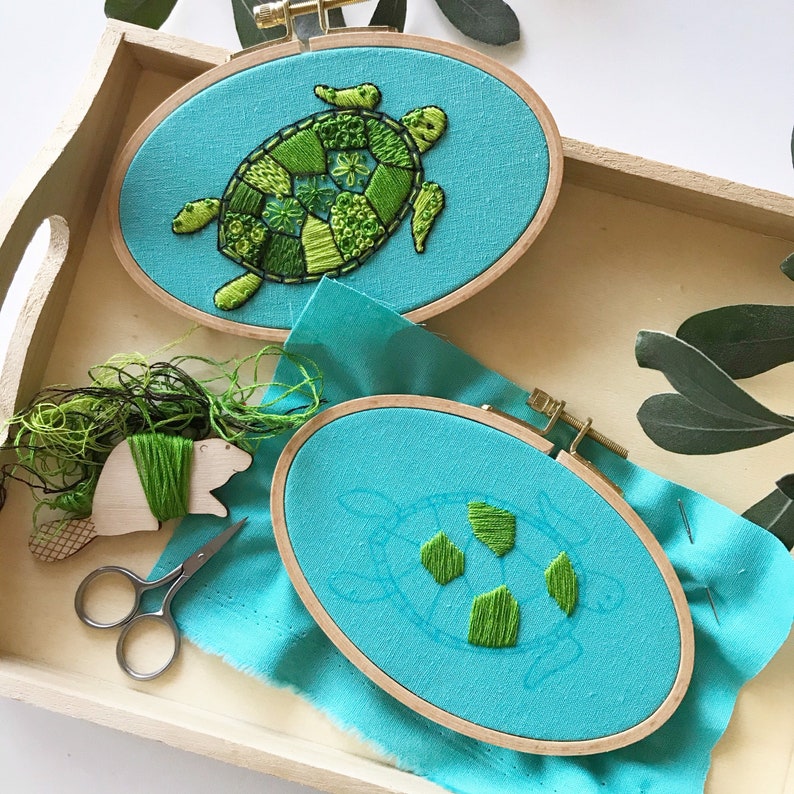 Hand Embroidery Kit Green Sea Turtle Embroidery Hoop Art Etsy
