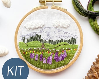 Embroidery Kit for Beginners, Mount Rainier Landscape, Full Embroidery Kit