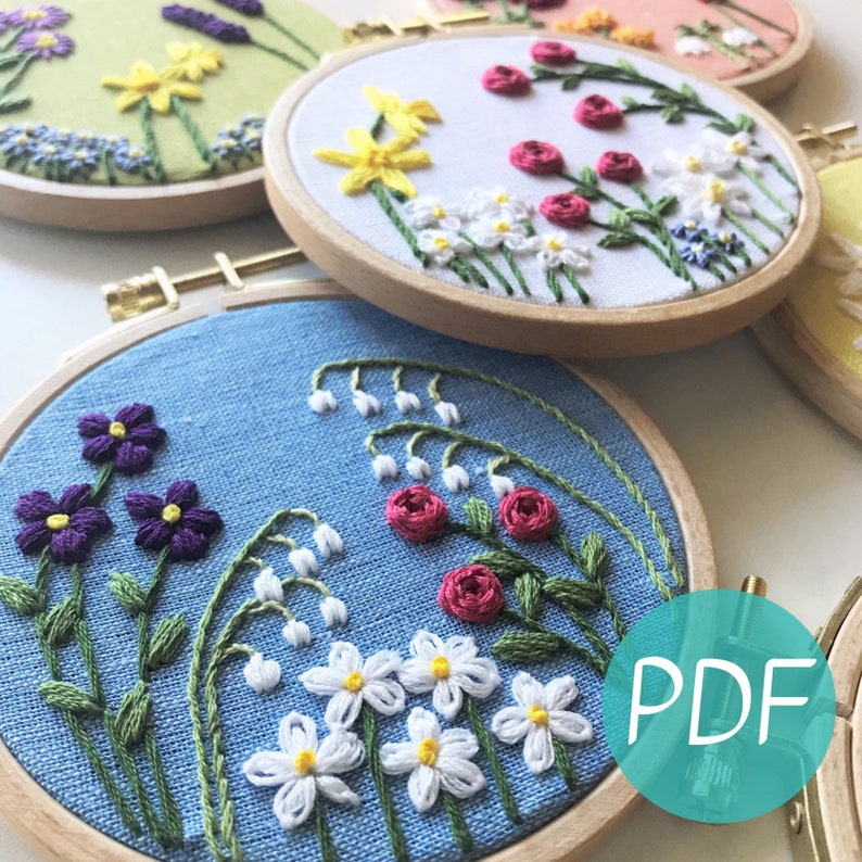 Family Flower Garden Hand Embroidery PDF. Each design is unique as you select your desired flowers. Each birth month flower comes in large and small sizes.  Design your hoop for a wedding, birthday or anniversary.