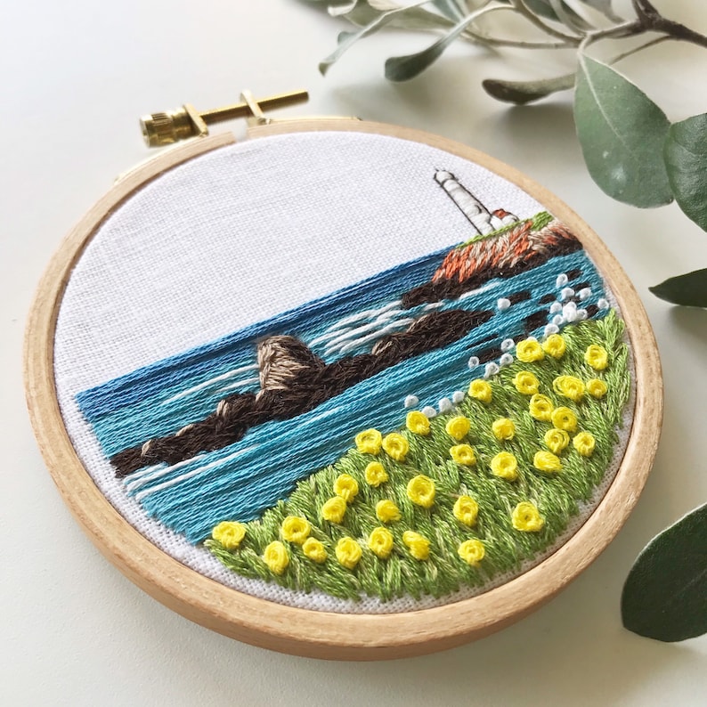 Embroidery Kit, Lighthouse by the Bay Beginner Seascape Embroidery Hoop Art, Complete Kit image 6