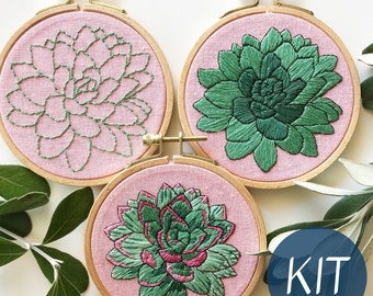 Embroidery Kit, Sweet Succulents DIY Embroidery Hoop Art, Choose Your Skill Level Complete Kit