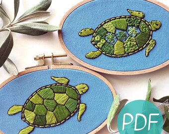 Green Sea Turtle, Beginner Hand Embroidery Pattern PDF, DIY Hoop Art, Modern Embroidery Sampler
